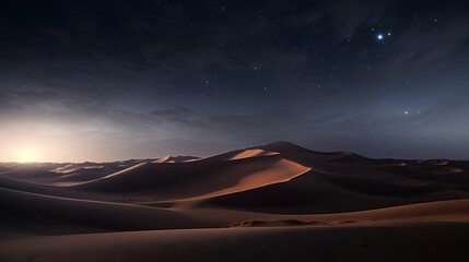 Fototapeta na wymiar A tranquil and serene photograph capturing the vast expanse of sand dunes under a clear night sky, with stars twinkling above, creating a peaceful desert nightscape.