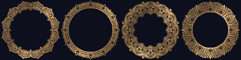luxury mandala circle elements, ornamental art gold frame design set.