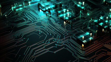 Circuit Board Texture with Glowing Neon Lines Background