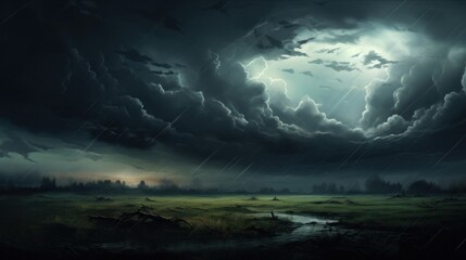 Dramatic atmosphere of dark clouds rainstorm landscape background. AI generated image - obrazy, fototapety, plakaty