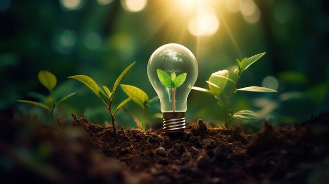 A Light bulb on new plant for natural renewable energy source. AI generated image
