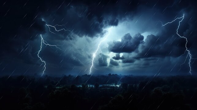 Beautiful scene storms lightning in the cloudy night sky. AI generated image