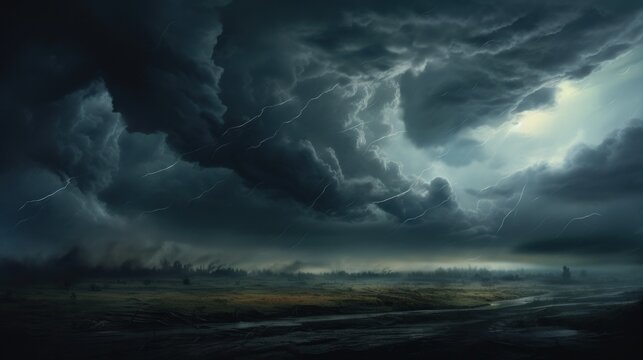 Dramatic atmosphere of dark clouds rainstorm landscape background. AI generated image