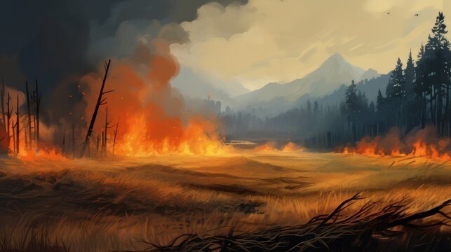 Dramatic scene a forest and mountain with wildfires with smoke clouds landscape. AI generated image