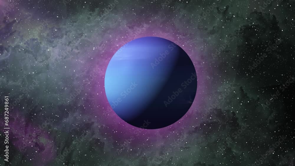 Poster in space a single neptune planet, neptune planet rotating and glowing stars are flying in outer spac