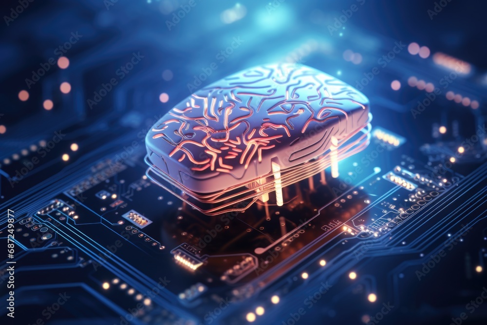Poster a computer motherboard with a brain on top. this image can be used to represent the concept of artif