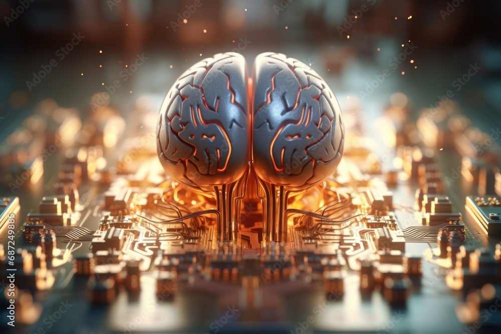 Poster a close-up view of a computer motherboard with a brain design on it. this image can be used to depic