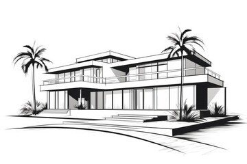 A drawing of a modern house surrounded by palm trees. Perfect for real estate brochures or vacation-themed designs
