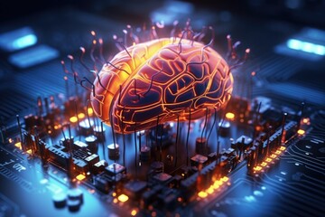 A computer circuit board with a glowing brain, representing technology and artificial intelligence. Can be used to illustrate concepts of innovation, digital transformation, and futuristic technology