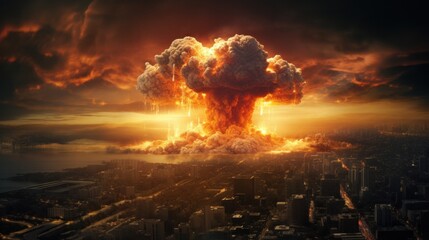 Big explosion of nuclear bomb in dramatic scene background. AI generated image