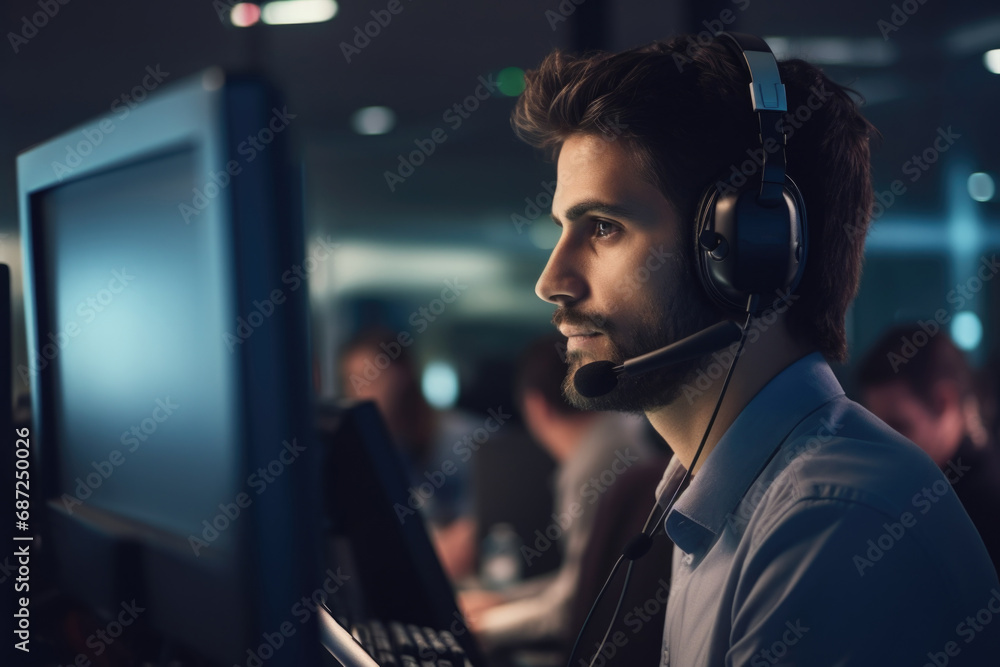 Poster a man wearing a headset is sitting in front of a computer. this image can be used to depict a custom