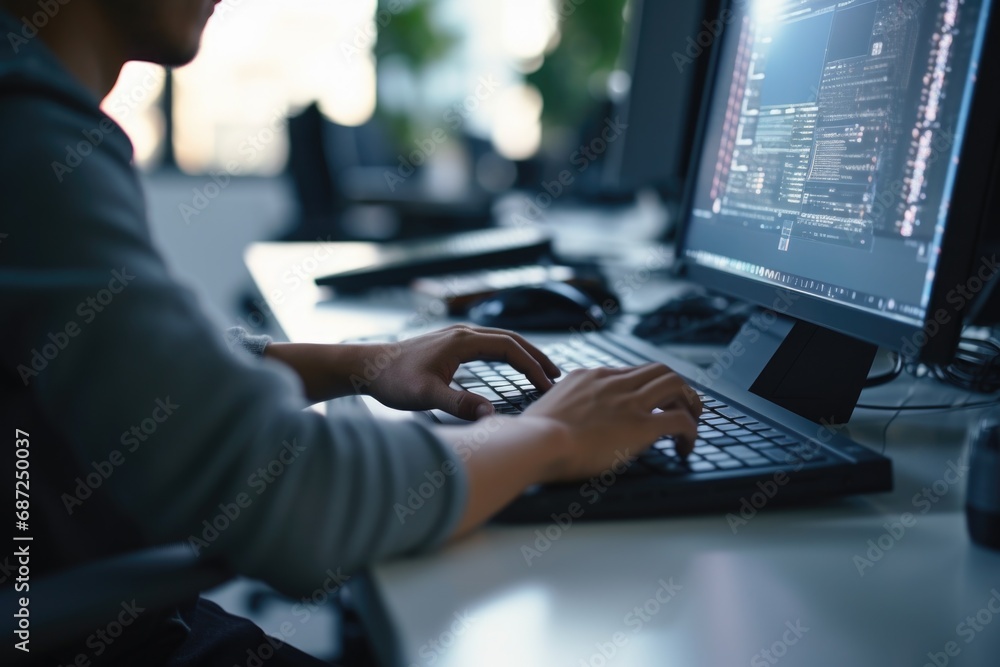 Poster a person is shown typing on a keyboard in front of a computer. this image can be used to illustrate 