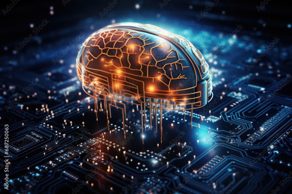 Poster a circuit board with a glowing brain on it. perfect for technology and artificial intelligence conce