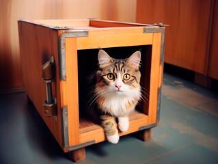 A whimsical image of a cat sitting in Schrödinger's cat box, embodying the famous thought experiment in a lighthearted and playful manner.