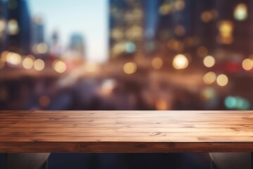 A wooden table with a backdrop of city lights. Perfect for adding a touch of urban ambiance to any design