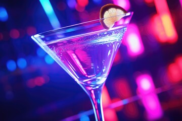 A refreshing martini glass with a slice of lemon, perfect for cocktail enthusiasts. Ideal for bar menus and drink recipes