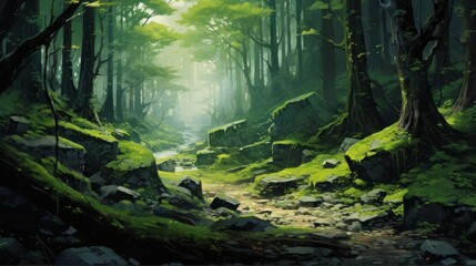 Beautiful scene of deep Green natural rainforest with sunbeam. AI generated image - obrazy, fototapety, plakaty