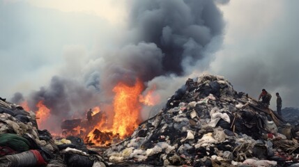 View of a garbage dump with a large pile of rubbish and burning old tires. AI generated image - obrazy, fototapety, plakaty
