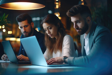 A group of people sitting at a table, each working on their own laptop. Suitable for illustrating teamwork, collaboration, and modern workplace