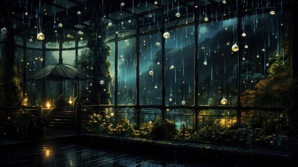 The rainy atmosphere at night outside the building can be seen from inside the room. AI generated