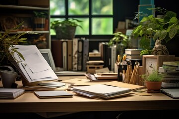 A desk setup with a laptop, books, and plants. Perfect for a home office or study area.