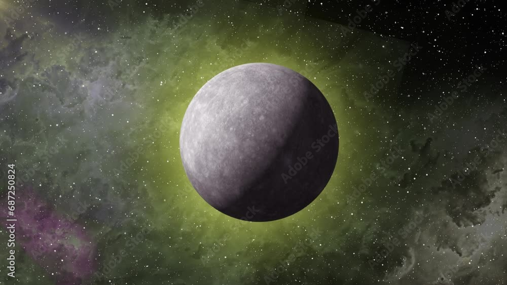 Aufkleber 3d planet mercury rotating and glowing stars are flying in outer space. planet mercury animation wit