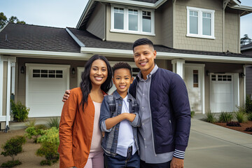 Happy family in front of their house, home, real estate. Homeowners, renters, mom, dad, kids, children, blended families, diverse families, standing in front of their property.