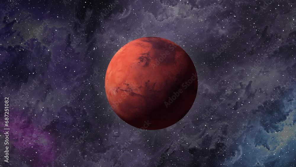 Poster mars planet rotating and glowing stars are flying in outer space. mars planet animation with nebula 