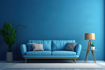 A living room with a blue couch and a lamp. Suitable for home interior designs or furniture advertisements