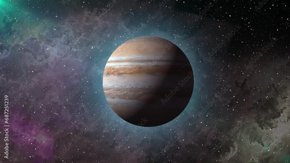 Poster jupiter planet rotating and glowing stars are flying in outer space. gas jupiter planet animation wi