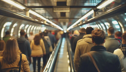 Fototapeta na wymiar Unrecognizable people on escalator in underground train station. public transport travel concept .ai generated