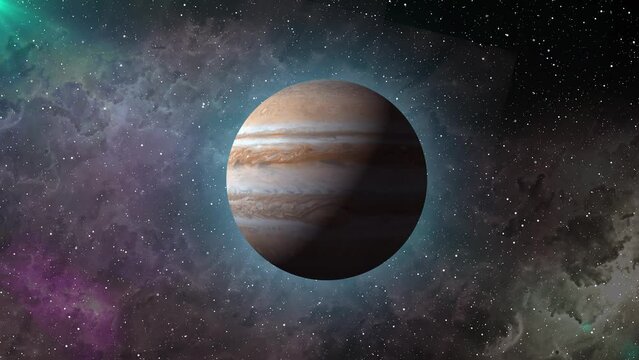 Jupiter Planet Rotating And Glowing Stars Are Flying In Outer Space. Gas Jupiter Planet Animation With Nebula And Stars Science Fiction Background, In Space A Single Solar System Jupiter Planet