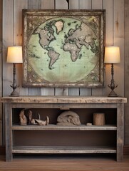 Fototapeta na wymiar Antique Map Wall Art: Faded World Maps with Sublime Sea Monsters and Antique Ships, in Distressed Wood Frame - Embracing Old-World Charm