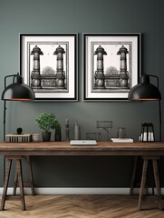 Blueprints of Famous Landmarks: Architectural Wall Art in Matte Black Frame for Study or Home Office