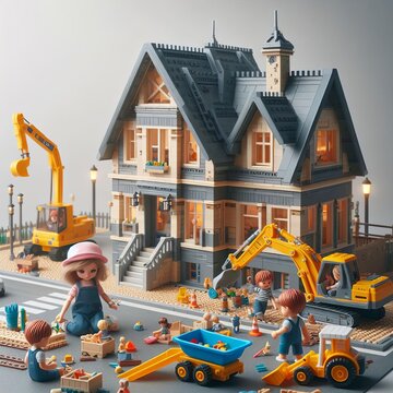 Detailed constructor set of a house under construction with mini figures, equipment, and a playful atmosphere.