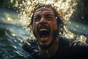 man screaming and asking for help in the middle of the sea - obrazy, fototapety, plakaty