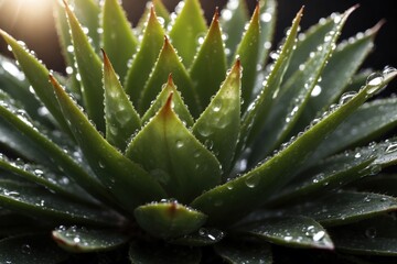 Naklejka na ściany i meble Aloe vera cover with drops of water. Macro close up Succulent leaves and water. ai generative