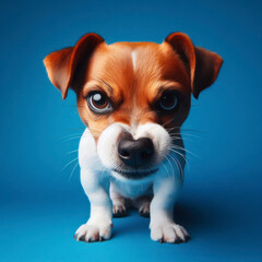 Angry disgruntled Jack Russell Terrier dog on a blue background. ai generative