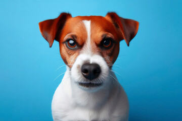 Angry disgruntled Jack Russell Terrier dog on a blue background. ai generative