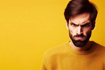 Angry, disgruntled man on a solid yellow background. ai generative