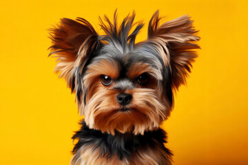 Angry disgruntled york dog on a blue background. ai generative