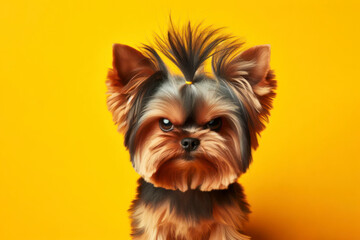 Angry disgruntled york dog on a blue background. ai generative