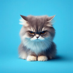 Angry, disgruntled cat on a blue background. ai generative