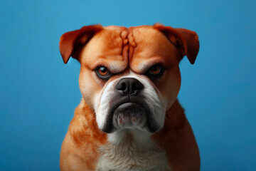 Obraz premium Angry, disgruntled dog on a blue background. ai generative