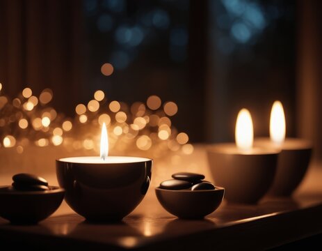 A serene candlelit spa scene with a bowl of pebbles and two lit candles on a windowsill, set against a blurred backdrop of trees and fairy lights.