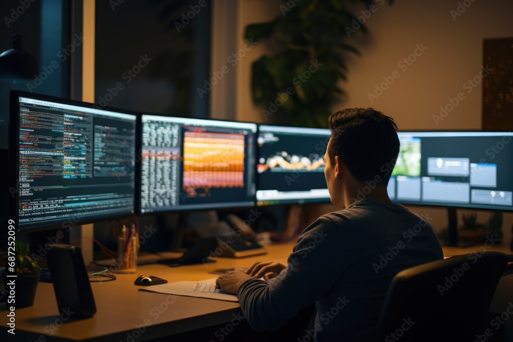 Poster A man is seated at a desk with three computer monitors. This image can be used to represent a modern office setting or someone working on multiple tasks simultaneously