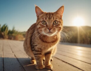 A ginger surprised cat with a collar stands on a wooden deck with the sun setting in the background.