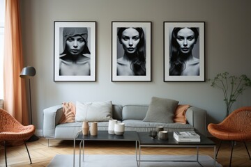A fully furnished living room adorned with beautiful artwork. Perfect for showcasing your interior design skills.