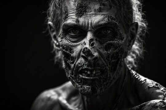 Black and white portrait of a zombie on black background. ai generative