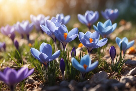 Blue crocus flowers in a serene spring meadow with sunlit abstract backdrop. ai generative